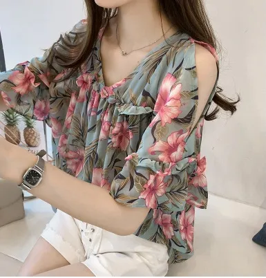 New Sweet Flared Sleeve Printed Off the shoulder Chiffon Shirt Blue - Shop at LoveMi