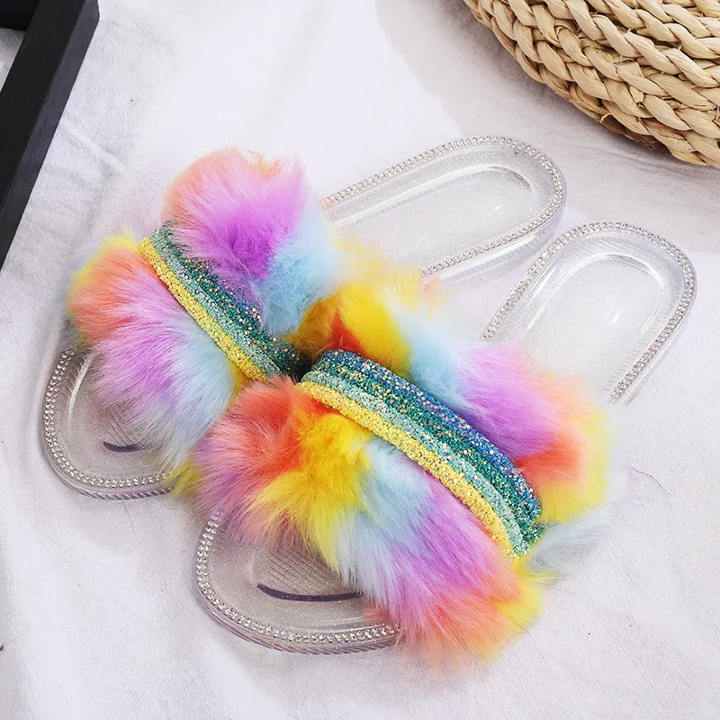 Color Wool Chain Flat Diamond Slippers Lady - Silver