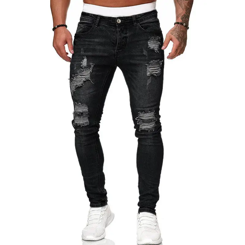 Fashion Street Style Ripped Skinny Jeans Men Vintage Wash Solid Denim Trouser