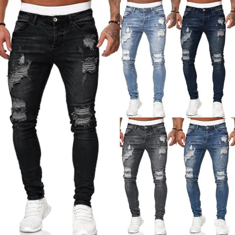 Fashion Street Style Ripped Skinny Jeans Men Vintage Wash