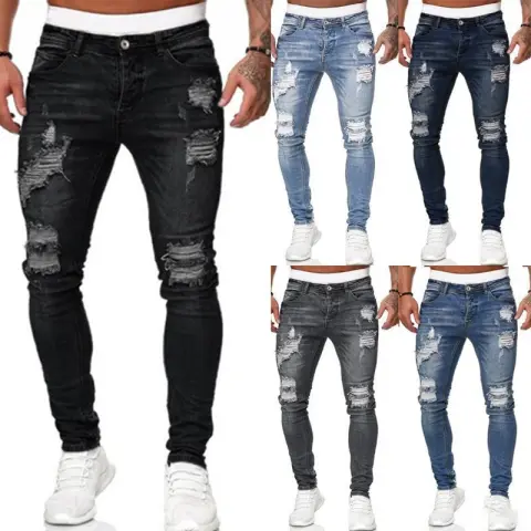 Fashion Street Style Ripped Skinny Jeans Men Vintage Wash