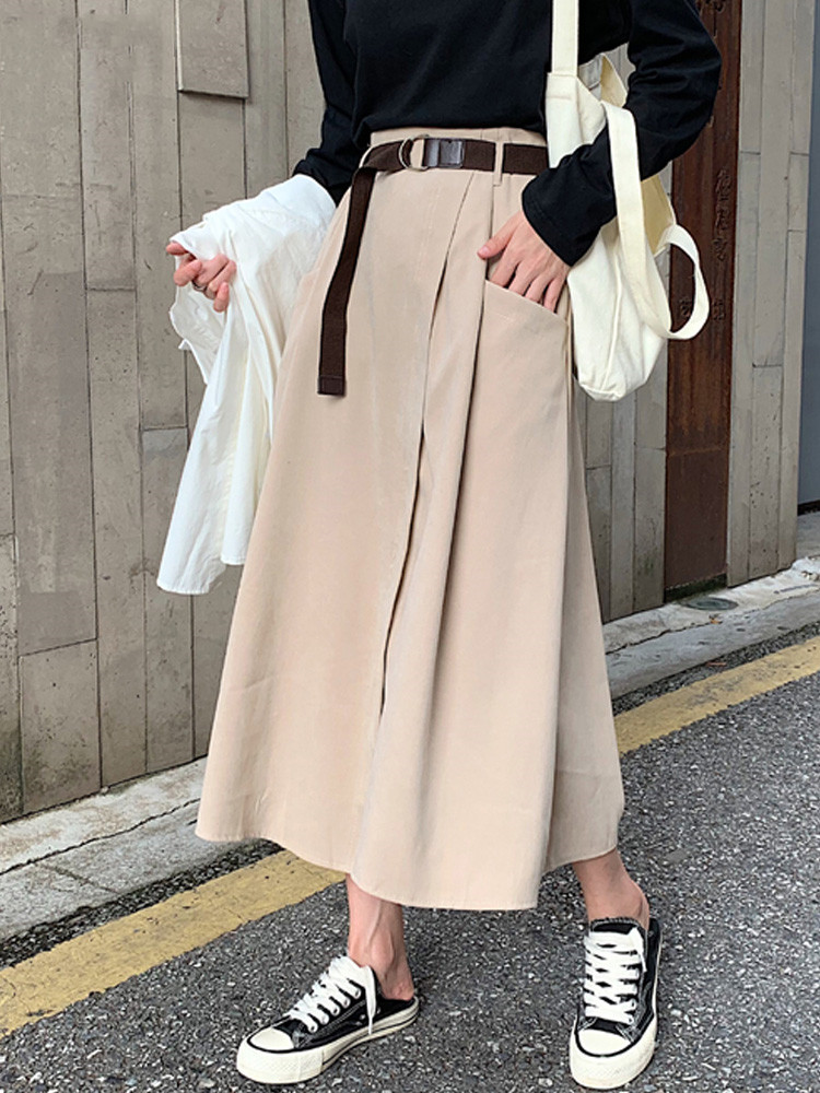 Mid-Length High-Waisted Khaki Skirt