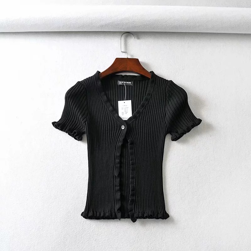 Short Sleeved T Shirt Women's Slim V Neck Knitted Top