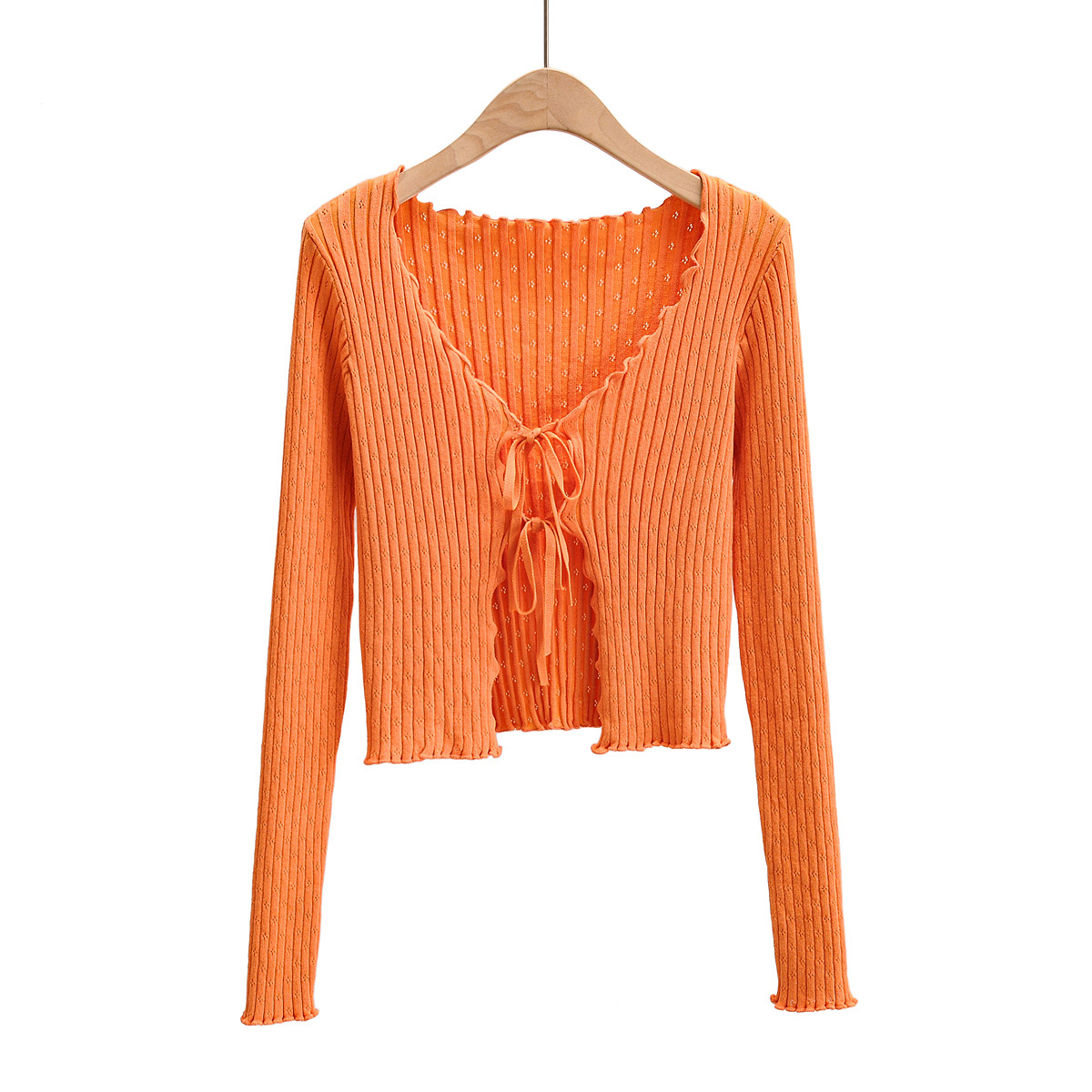 V Neck Hollow Knitted Long Sleeved Cardigan Jacket