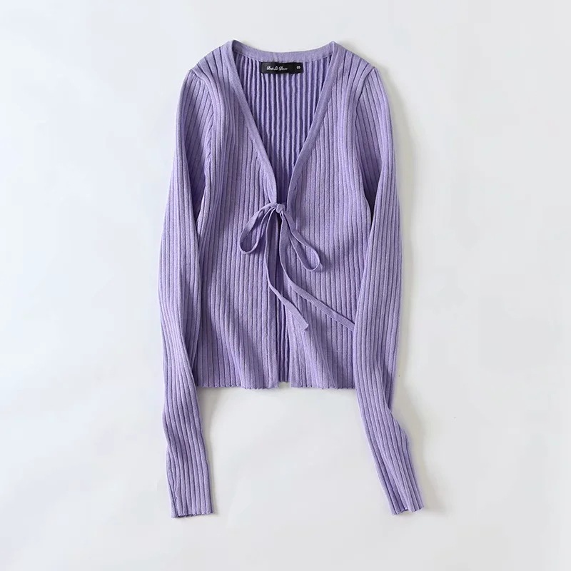 Women's Solid Color Long Sleeved V Neck Short Lace Up Knit Cardigan Top