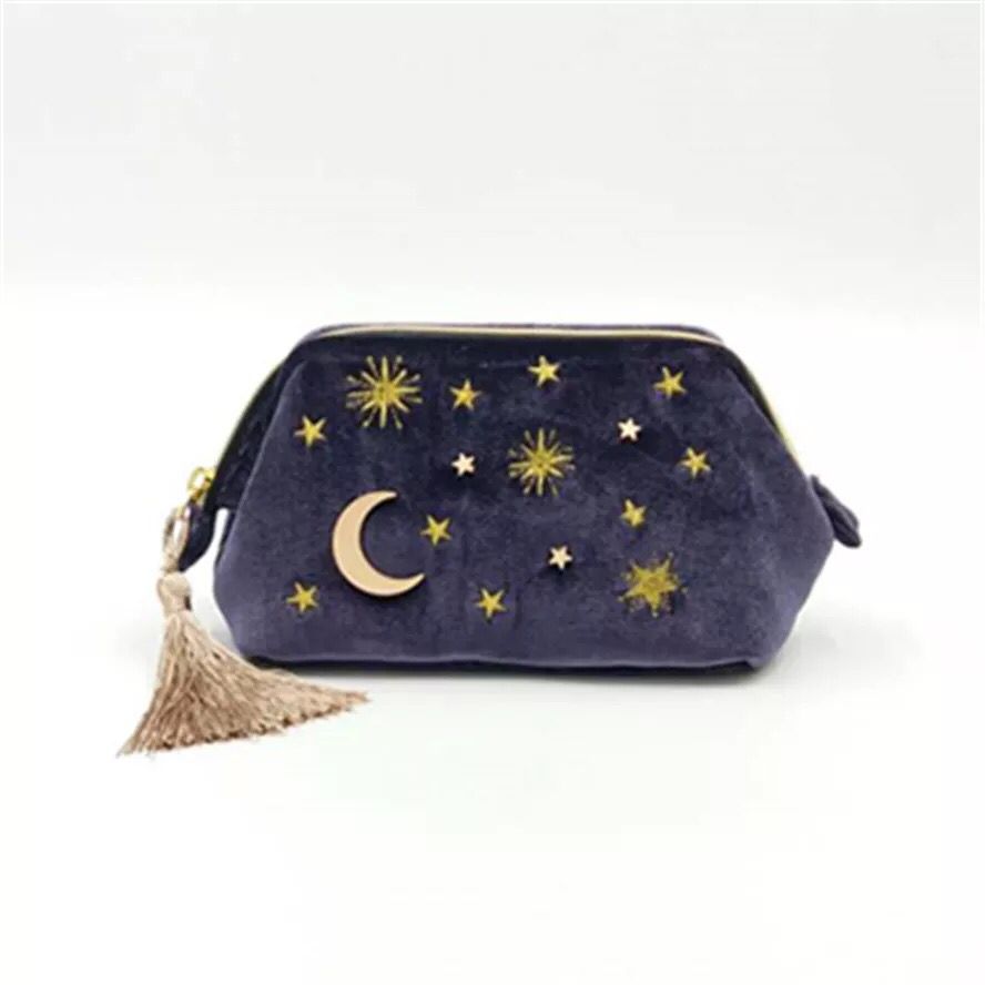 Cute Stars And Moon Embroidery Velvet Tassel Cosmetic Bag