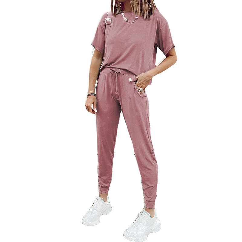 Ladies Solid Color Round Neck Short Sleeve Casual Suit