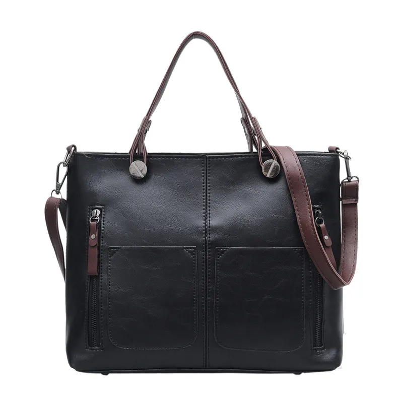 Double Pocket Single Shoulder Diagonal Handbag Fashion Retro PU Oil Leather Tide Bag - Black