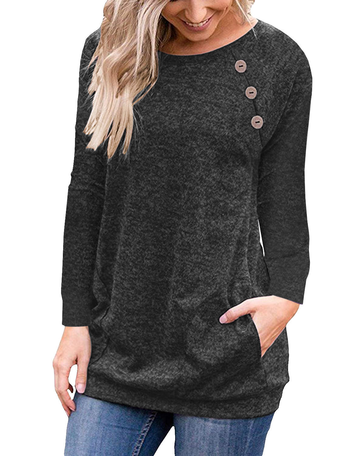 Ladies Round Neck Raglan Button Stitching Long-Sleeved Top