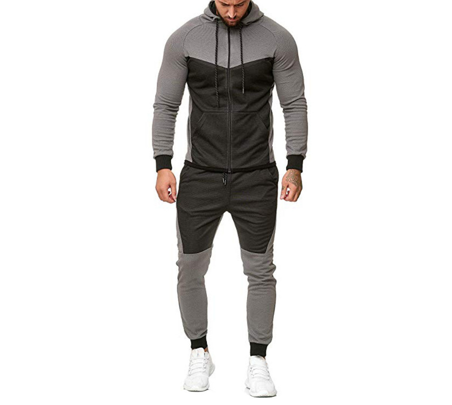 Men's Zipper Stitching Long-sleeved Hooded Top Sweater Pants Suit