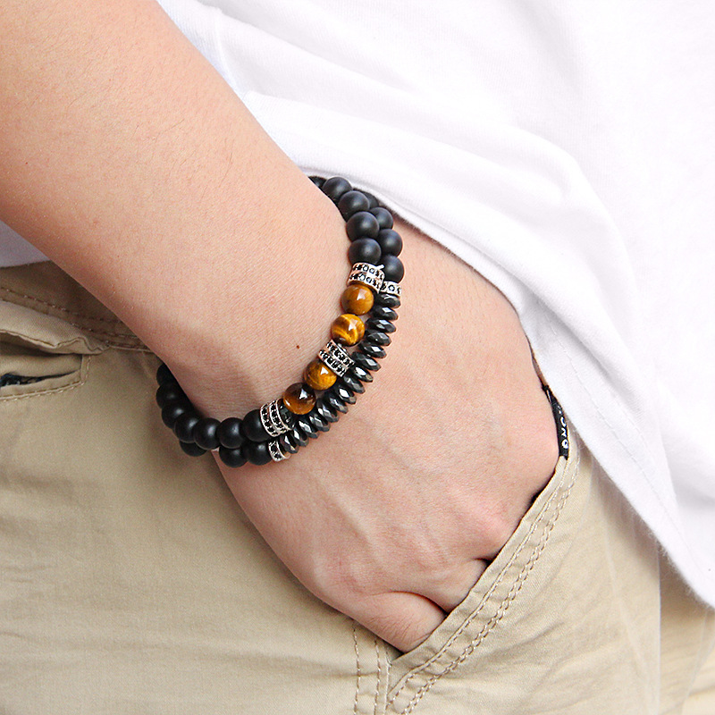 Men's Faceted Wheel Obsidian Combination Bracelet