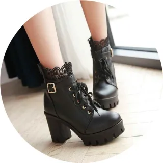 For Women, Lace-up Martens Boots With High Heels And Thick Heels - Black