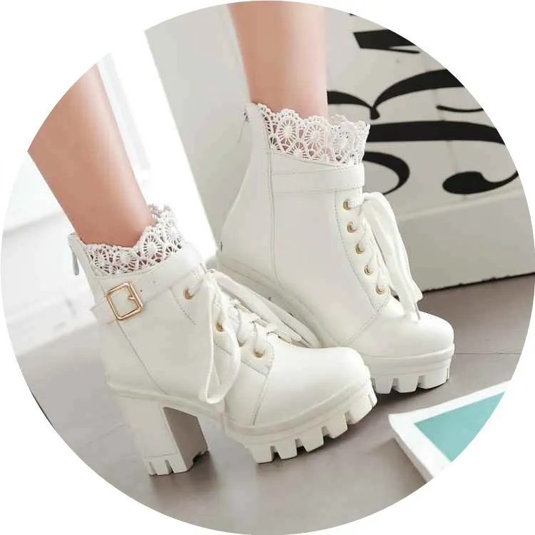 For Women, Lace-up Martens Boots With High Heels And Thick Heels - White