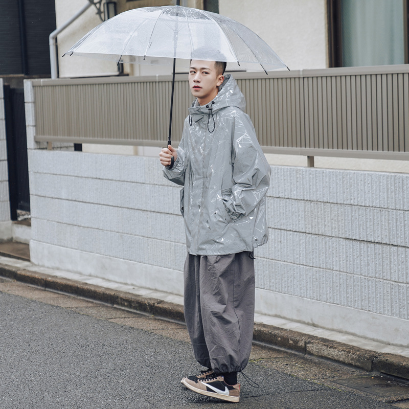 Korean Style Stand-up Collar Hooded Casual Reflective Jacket