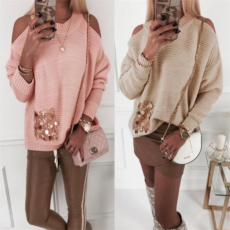 Stitching Hollow Long-Sleeved Women's Off-Shoulder Top