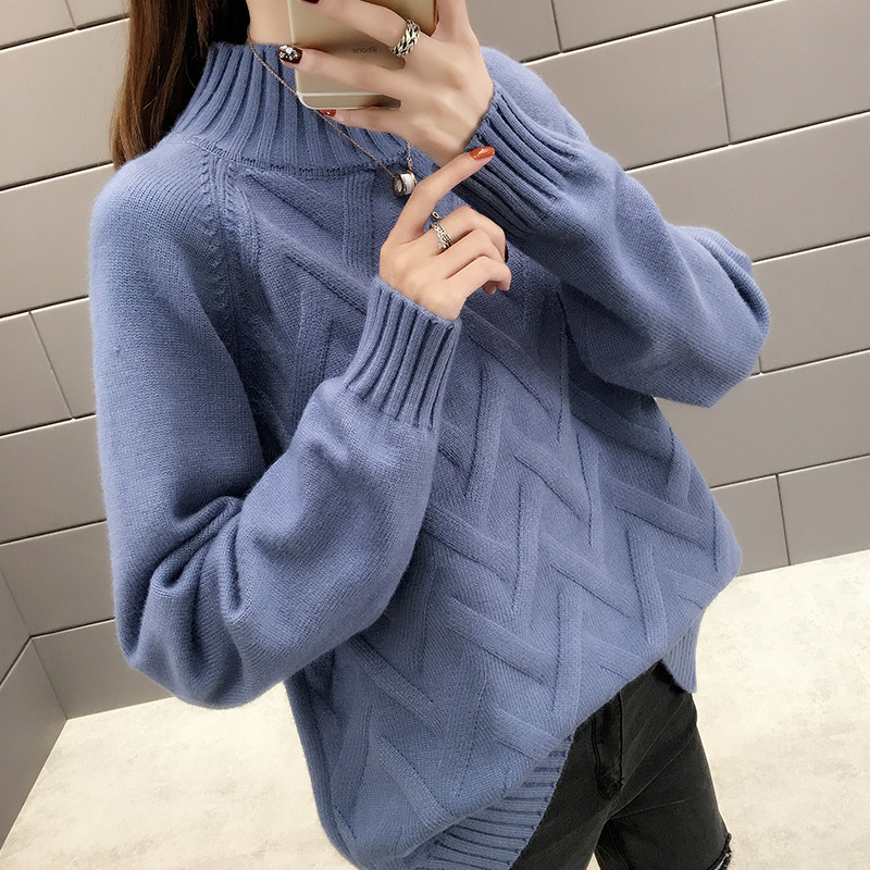 New Lazy Style Sweater Women Half High Neck Autumn and Winter Korean Version