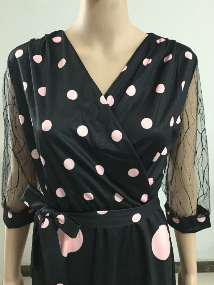 V-neck Long Sleeve Polka Dot Plus Size Lace Stitching Women's Dress