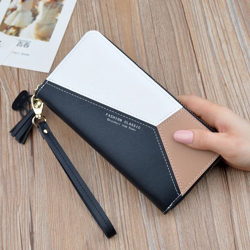 Stitching Clutch Bag Large Capacity New Student Wallet Mobile Phone Bag - Black