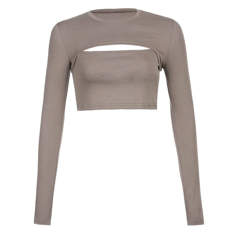 Female Temperament Hollow Tight-Fitting Thin Thumb Button Long-Sleeved Top