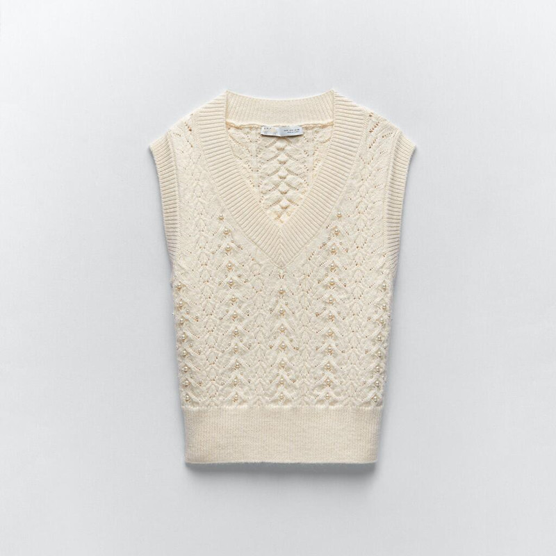 Title 3, Spring New Faux Pearl Inlaid Knitted Vest, a st...