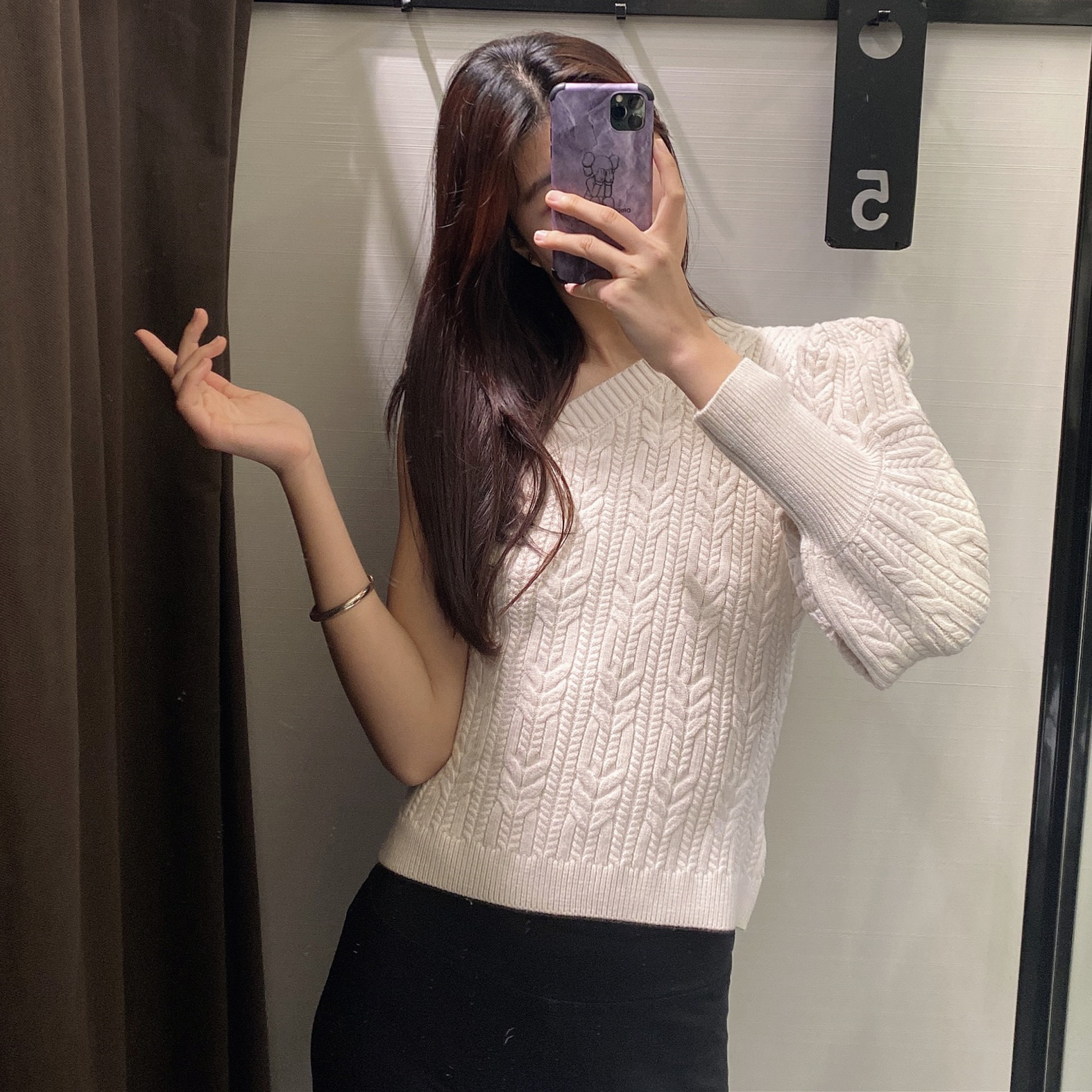 Ladies White Strapless Asymmetric Sweater