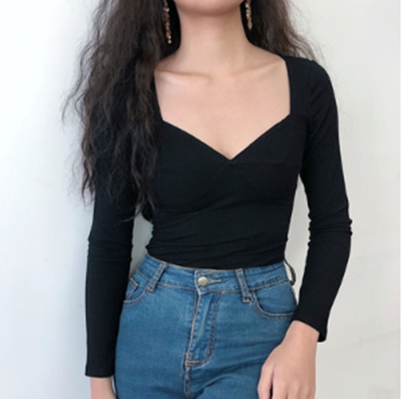 Women's Black Long-sleeved Threaded T-shirt