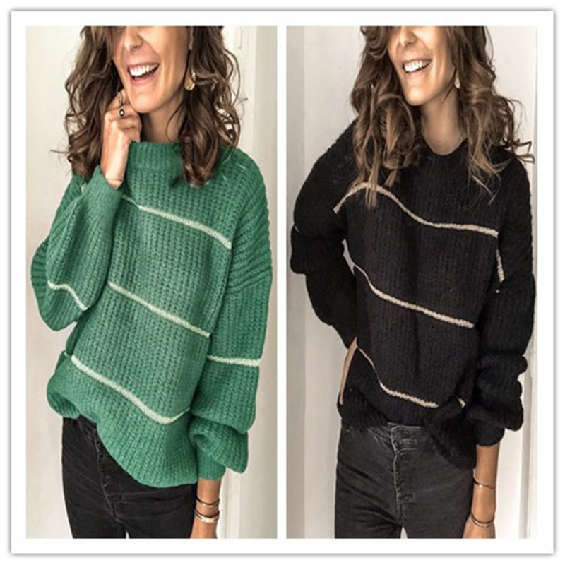 Round Neck Long Sleeve Striped Loose Women's Knit Sweater