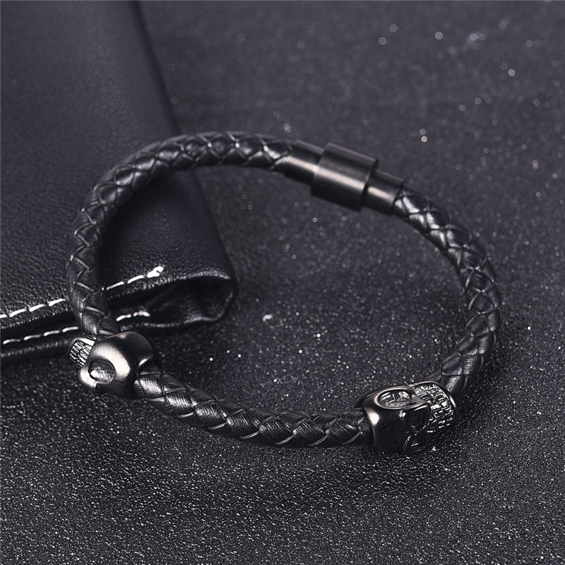 Double SkullStainless Steel Magnetic Buckle Leather Cord Bracelet