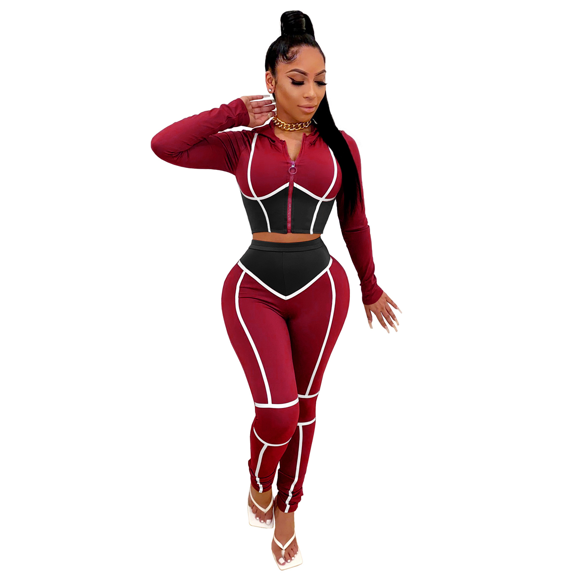 Tight-Fitting Hooded Plus Size Two-Piece Sports Suit