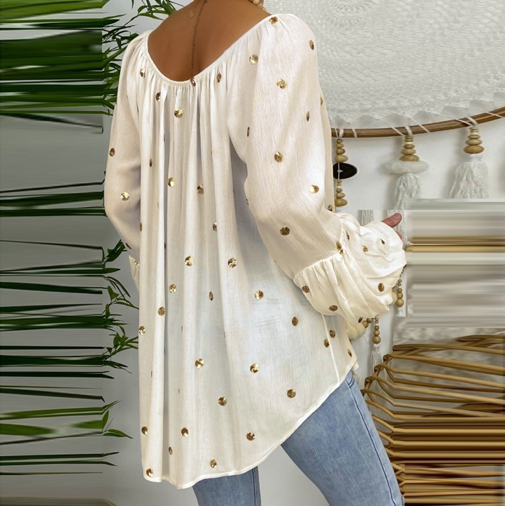 Loose Lantern Sleeve Hollow V-Neck Top