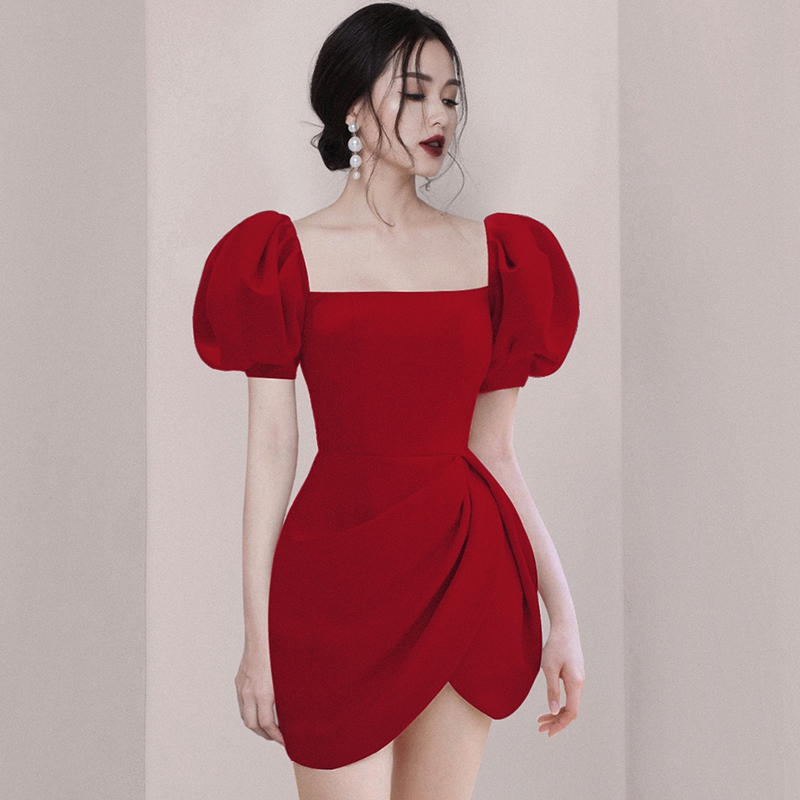 New Women's French Square Neck Puff Sleeve High Waist Slim Dress