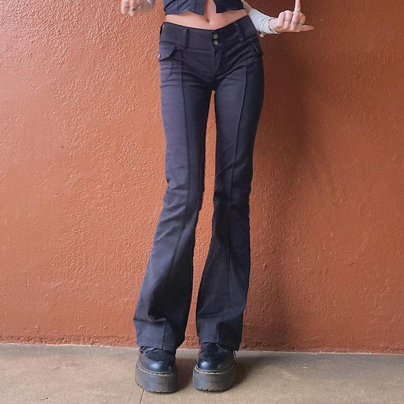 Retro Side Pocket Low-Waist Micro-Cut Trousers Female Slim Denim Trousers