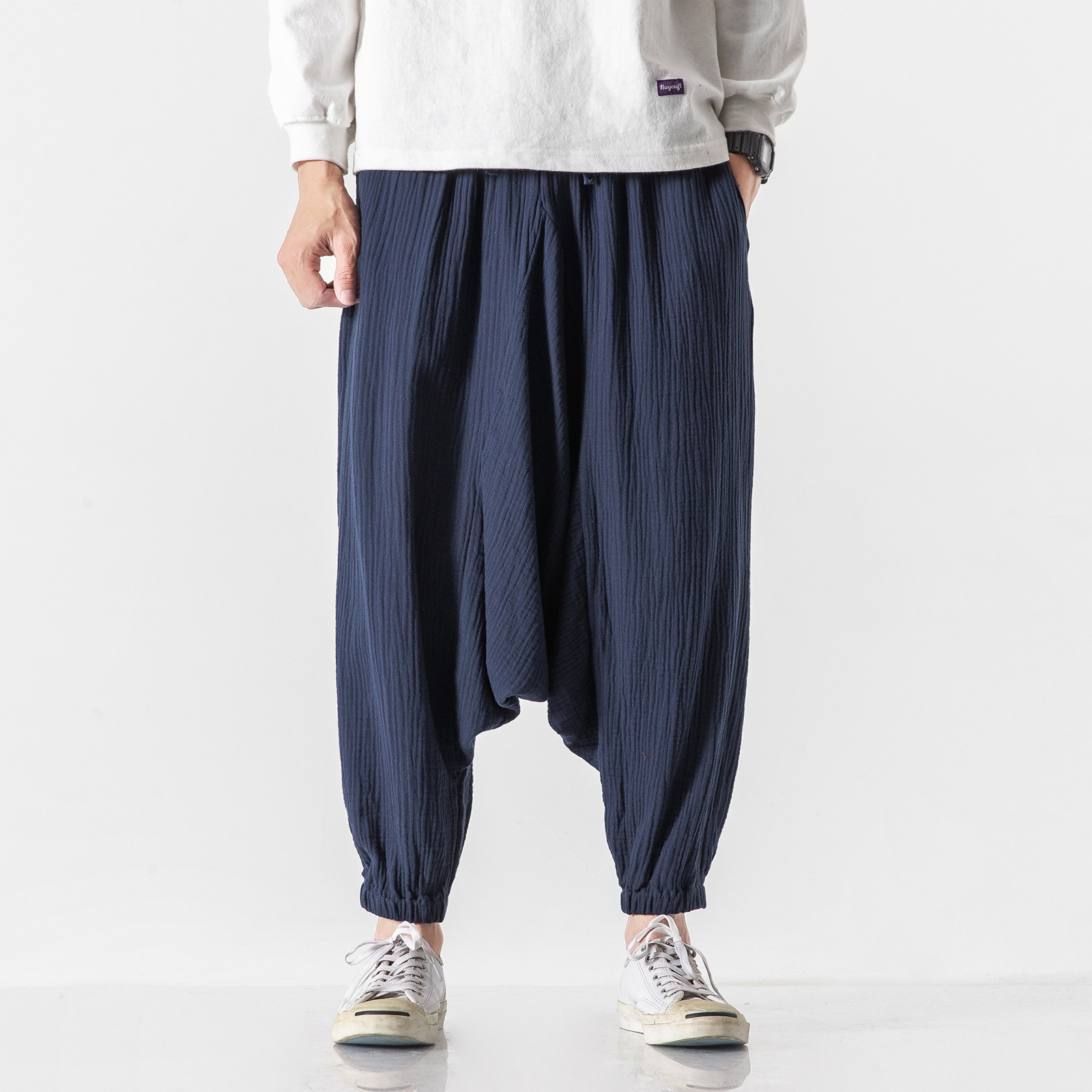 Chinese Style Men's Cotton And Linen Harlan Cropped Trousers