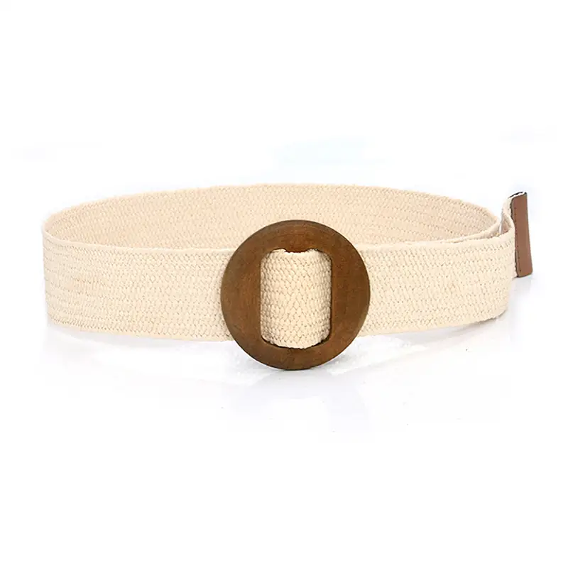 Wooden Round Buckle Belt Fashion Cotton and Linen Weave