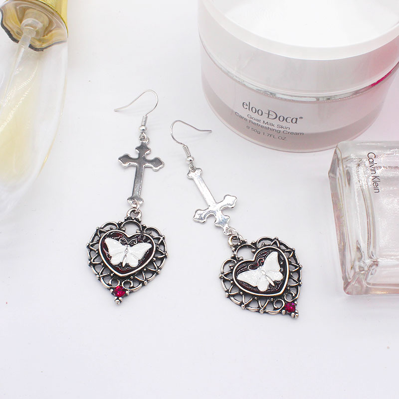 Cross Heart Shaped Antique Silver White Butterfly Earrings