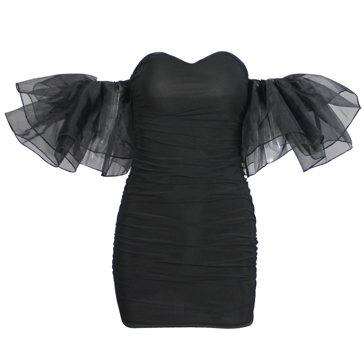 Sexy Nightclub Style Pleated Puff Sleeve Ladies Mesh Dress