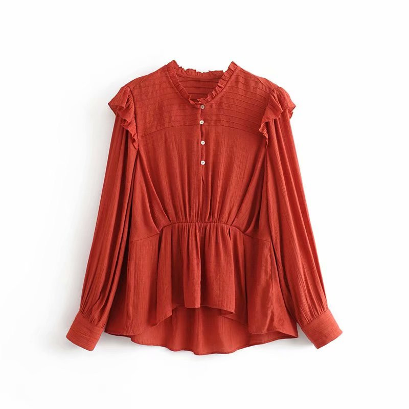 All-match Slimming Pleated Layered Decorative Solid Color Shirt