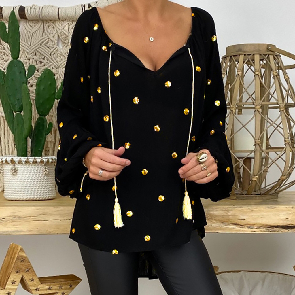 Loose Lantern Sleeve Hollow V-Neck Top