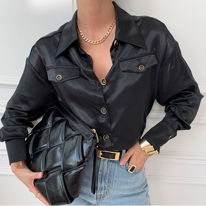 Temperament Lapel Chic Button Design Long-Sleeved Shirt