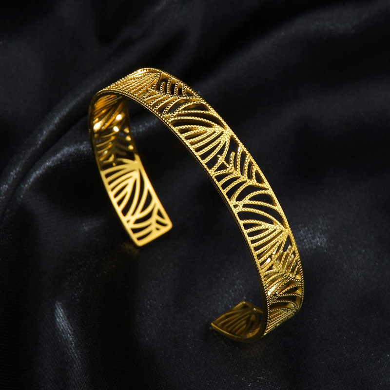 Stainless Steel 18K Gold Leaf Hollow Open Bracelet