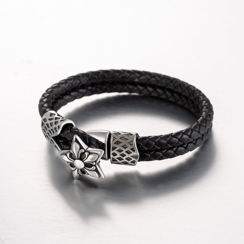 Men's Titanium Steel Spiral Leather Rope Bracelet