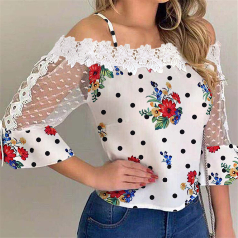 Spotted Printed Mesh And Lace Top