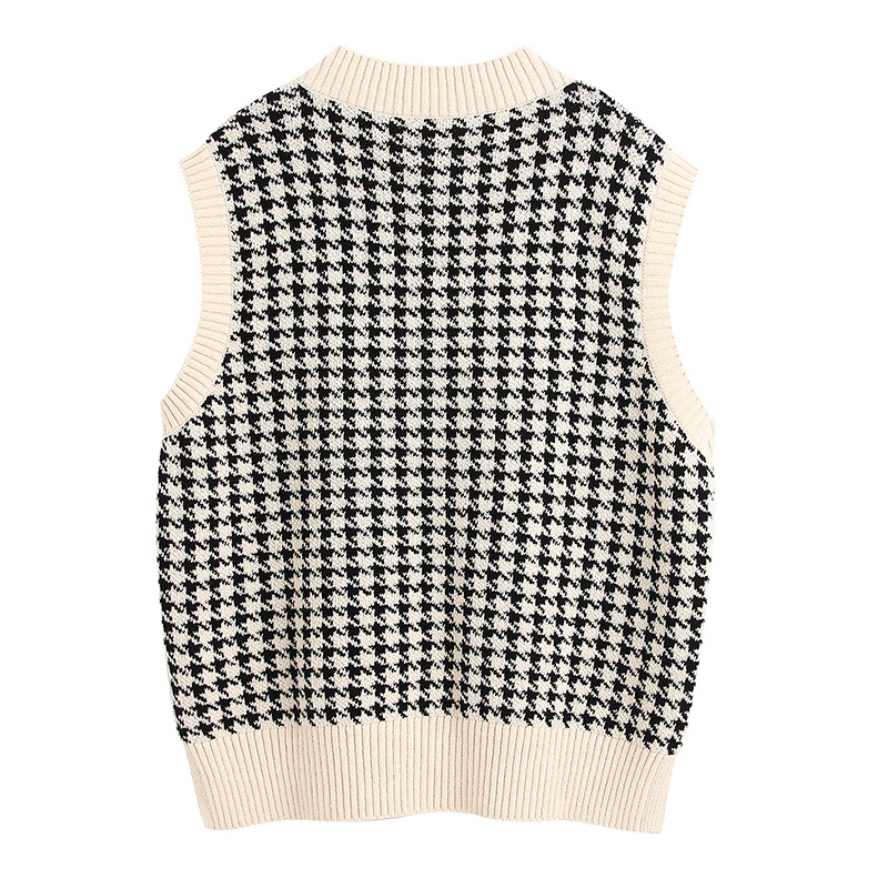Fashion Houndstooth V-neck Loose Knit Vest Women's Outer Wear