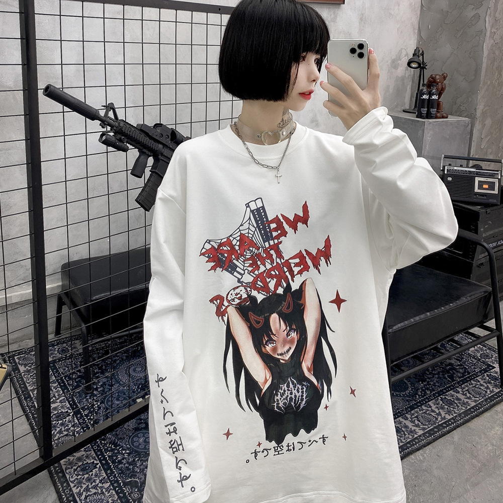 Cartoon Print Long Sleeve T Shirt Women Loose Round Neck
