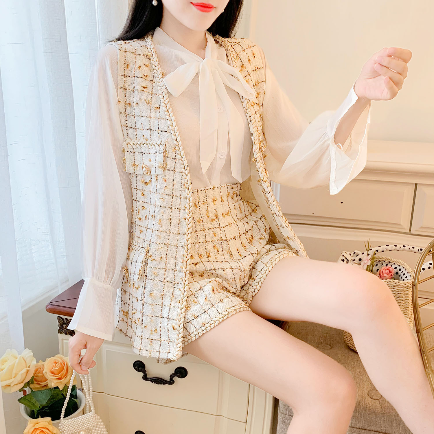 Little Fragrance Chiffon Shirt Shorts Three-Piece Suit