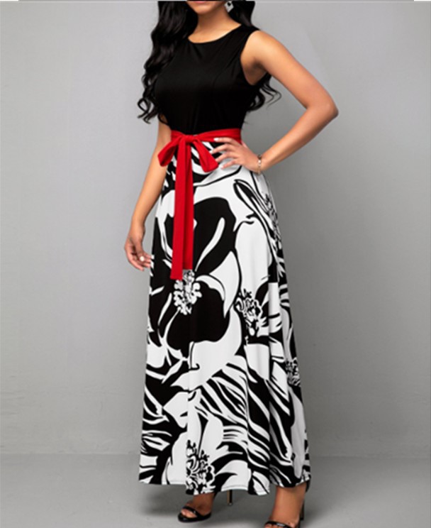 Sleeveless Printed High-waisted Lace-up Dress