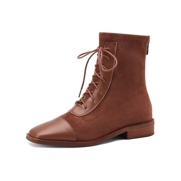 About Wind Low Heel Flat Top Cowhide Square Toe Lace Up Short Leg Boots Brown - Shop at LoveMi