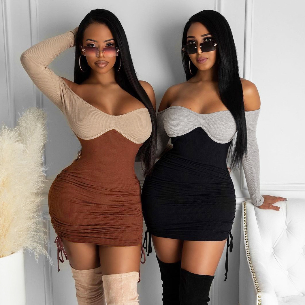 Long Sleeves One Word Shoulder Color Buttock Wrap Slim Dress