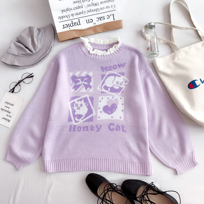 Title 4, Flower Collar Loose Long-Sleeved Cotton Sweater