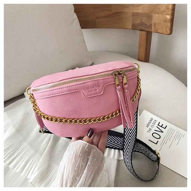 Womens Belt Bag PU leather Chain Fanny Pack Bananka Bag Pink - Shop at LoveMi